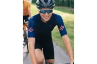Staple French Navy with Strawberry logo detail Optimise Cycle Jersey and Black Bibs| Cycling Clothing