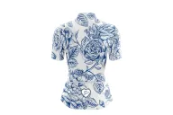 A cycle jersey with blue roses in outline on a white body | Cycling Jersey