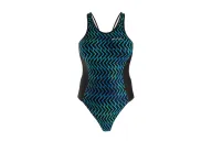 A hydrophobic Triathlon Swimsuit with a blue geometric graphic | Triathlon Gear