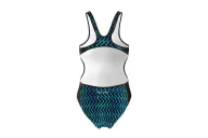 A hydrophobic Triathlon Swimsuit with a blue geometric graphic | Triathlon Gear