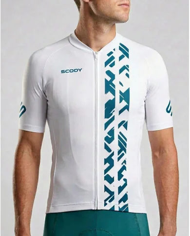Aero Optimised Cycle Jersey Geo Green - White Cycle Jersey with Green/Teal Geo pattern | Made in Australia